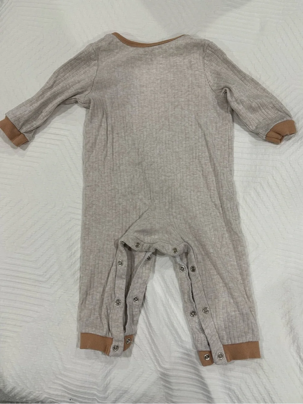 Little Me Ribbed Beige One-Piece with Tan Trim
